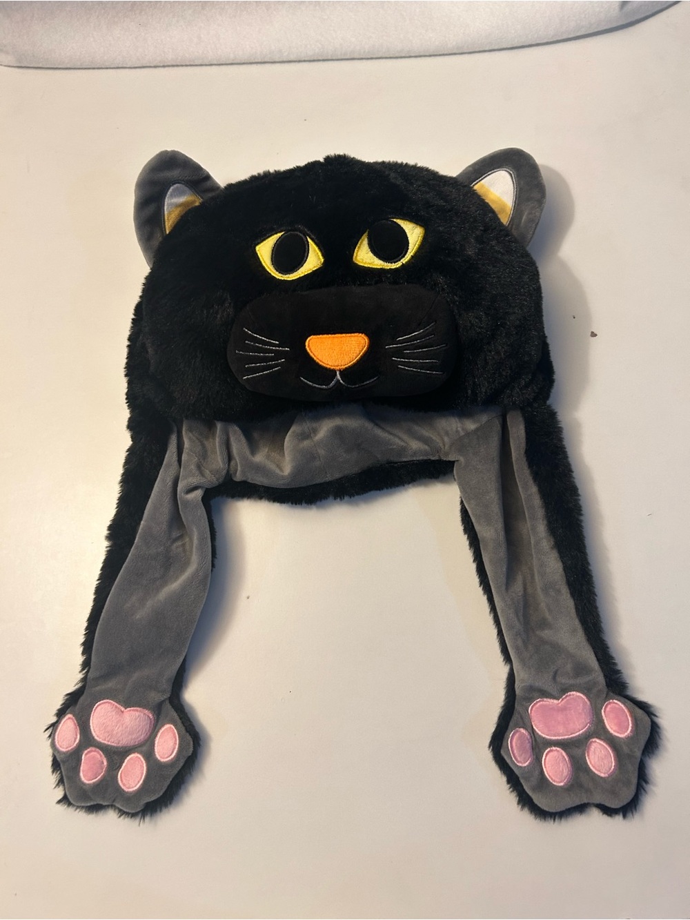 Plush Black Cat Earflap Hat with Pink Paw Mitts - Kids Accessories